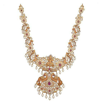 Gold Plated Jaya Long Necklace Set with Lakshmi Idol & Peacock Design - Jewelry Set (White Red) - Rajputtrade