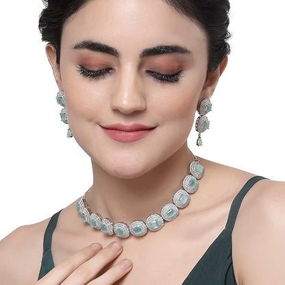 Silver Toned Triangular Shaped American Diamond Studded Jewellery Set For Women and Girl (Sea Green) - Rajputtrade