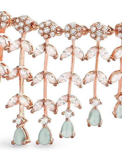 Mint Green Dazzling Cubic Zirconia Designer Brass Necklace Earring Set For Women - Rajputtrade