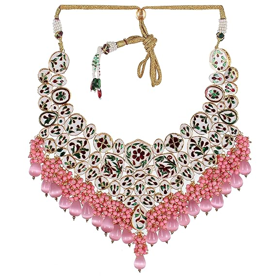 Jewellery 18K Gold Plated Pink Color Kundan Stone, Monalisa Drop Bridal Set for Girls & Women - Rajputtrade