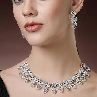 Jewellery Set Leaf Style AD/ Rose Gold Plated Handcrafted Circle Necklace Set for Women & Girls (Silver White) - Rajputtrade