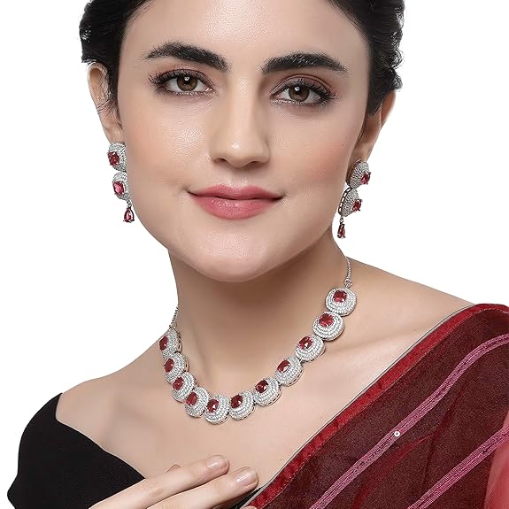 Silver Toned Triangular Shaped American Diamond Studded Jewellery Set For Women and Girl (Red) - Rajputtrade