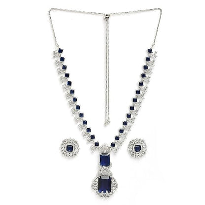 Rhodium Plated Silver Toned Brass Royale Celebrity Inspired, Cystal Jewellery Set For Women & Girls (Blue) - Rajputtrade