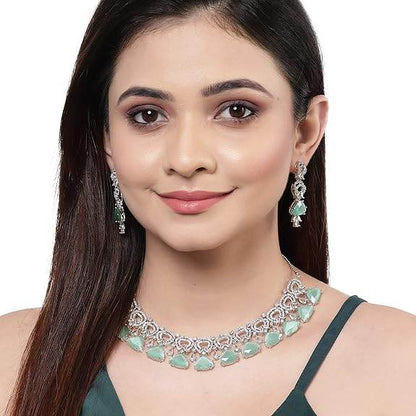 Choker Necklace And Drop Earrings Jewellery Set For Women (Sea Green) - Rajputtrade