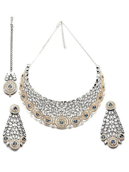 Rose Gold Plated Blue American Diamond Studded Choker Necklace Set for Women (Blue) - Rajputtrade