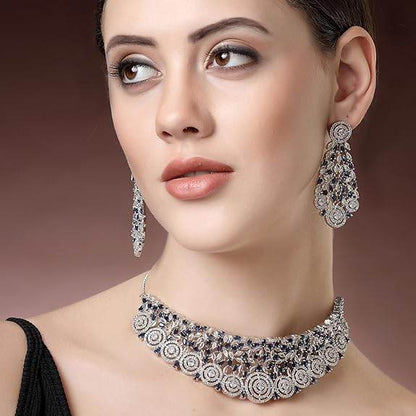 Choker Necklace with Earrings Jewellery Set with Girls and Women (Silver Blue) - Rajputtrade