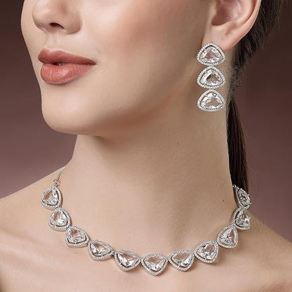 Silver Toned Triangular Shaped American Diamond Studded Jewellery Set For Women and Girl (White) - Rajputtrade
