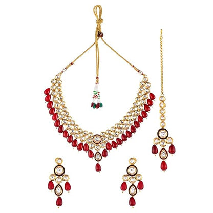 Kundan Elegance Round Cut Gems Beaded Maang Tika Set For Women - Rajputtrade