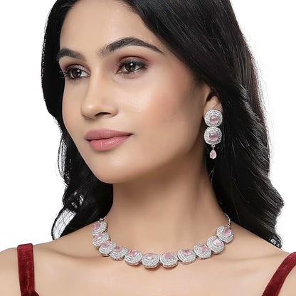 Silver Toned Triangular Shaped American Diamond Studded Jewellery Set For Women and Girl (Pink) - Rajputtrade