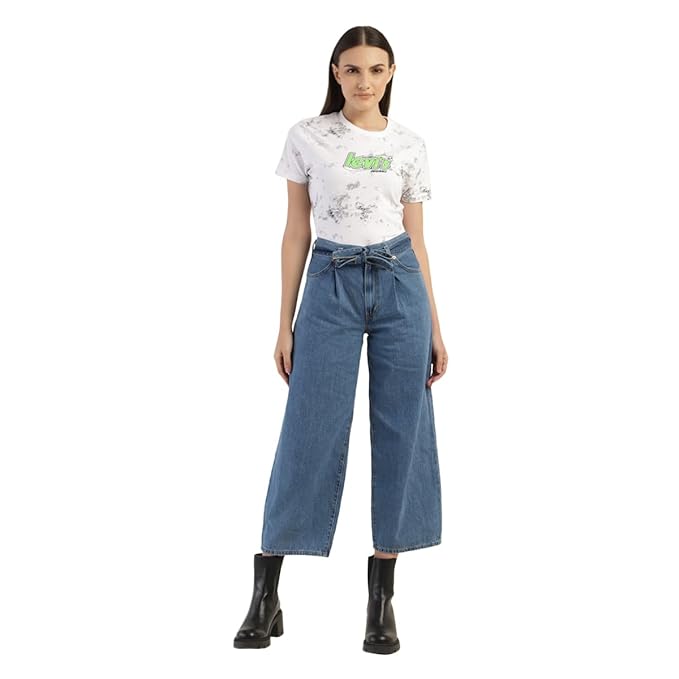 Women's Mid Rise Belted Baggy Loose Straight Fit Jeans, Blue (Size 34) - Rajputtrade