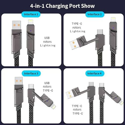 4 in 1 Metal Flat Braided Indestructible Cable 1.2m 60W with Type C, type C to C, type A | iPhones, iPads, Macbooks (Grey)
