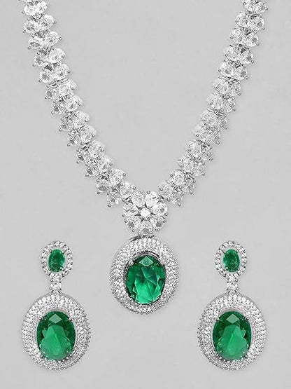 Women's Rhodium Plated Premium White & Emerald Solitaire Zircons Pendant Necklace Set - Rajputtrade