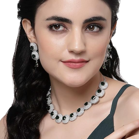 Silver Toned Triangular Shaped American Diamond Studded Jewellery Set For Women and Girl (Green) - Rajputtrade