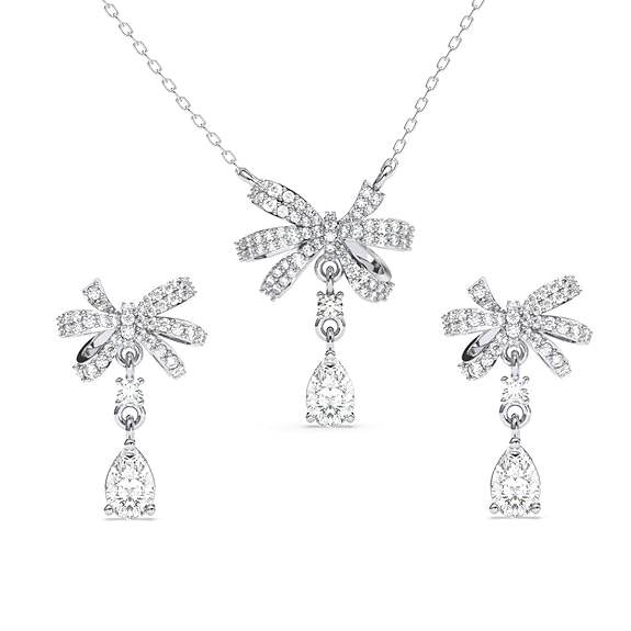 925 Sterling Silver Bow Knot Pendant Earrings Chain Necklace Jewellery Set | Platinum Plated, Swiss Zirconia | Classy Gift for Women and Girls - Rajputtrade