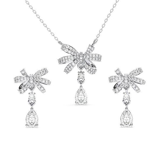 925 Sterling Silver Bow Knot Pendant Earrings Chain Necklace Jewellery Set | Platinum Plated, Swiss Zirconia | Classy Gift for Women and Girls - Rajputtrade