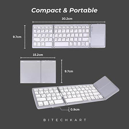 BITECHKART Foldable Bluetooth Keyboard, Pocket Size Portable Mini BT Wireless Keyboard with Touchpad for Android, Windows, PC, Tablet, with Rechargeable Li-ion Battery_20 x 10 x 3 cm Silver - Rajputtrade