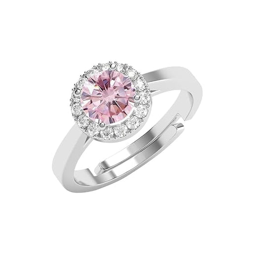 Pure 925 Sterling Silver Vega Pink Solitaire Halo Finger Ring | Swiss Zircon Platinum Plated | Size Adjustable | Gift for Women Girls Wife Girlfriend - Rajputtrade