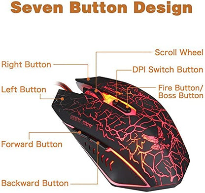 MFTEK Gaming Combo - LED Backlit USB Wired Keyboard and Mouse | 7 Button Lighted Mouse and Large Size Mouse Pad | Mechanical Feeling Keyboard | 114 Keys Letters Glow | Combo Set of 3 (Black) - Rajputtrade