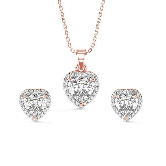 925 Sterling Silver Heart Solitaire Pendant Earring Chain Jewellery Set | Rose Gold Rhodium Plated, Swiss Zirconia | Gift for Women & Girls - Rajputtrade