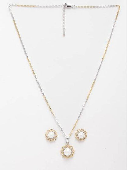 925 Sterling Silver Pearl Lotus Pendant Earring Chain Jewellery Set | Gold Rhodium Plated | Gift for Women & Girls - Rajputtrade