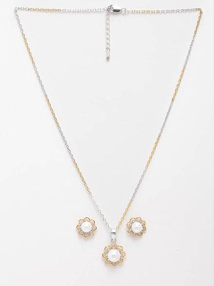 925 Sterling Silver Pearl Lotus Pendant Earring Chain Jewellery Set | Gold Rhodium Plated | Gift for Women & Girls - Rajputtrade