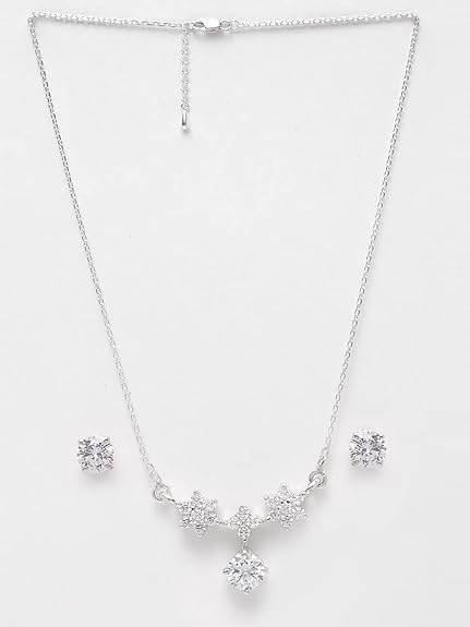 925 Sterling Silver Lily Pendant Earring Chain Jewellery Set | Platinum Plated, Swiss Zirconia | Gift for Women & Girls - Rajputtrade