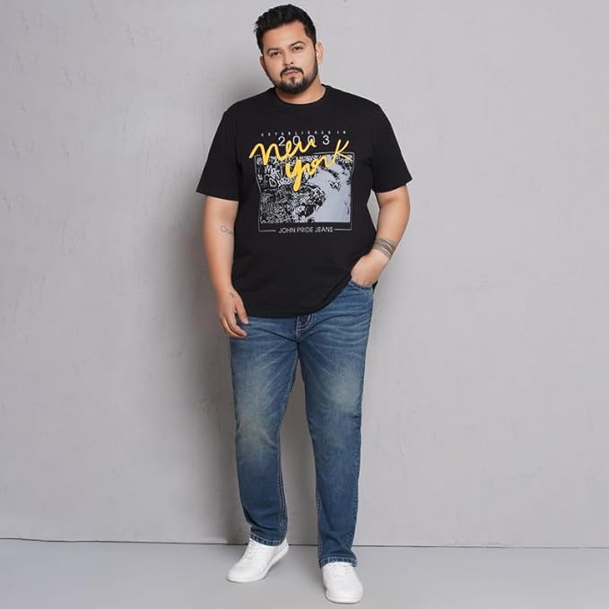 JOHN PRIDE Plus Size Men's Stretchable Mid-Rise Comfort Fit Clean Look Blue Cotton Jeans for Men - Rajputtrade