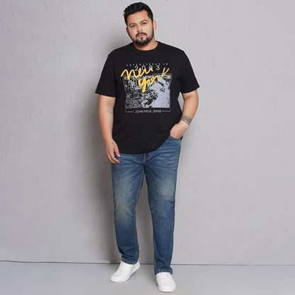 JOHN PRIDE Plus Size Men's Stretchable Mid-Rise Comfort Fit Clean Look Blue Cotton Jeans for Men - Rajputtrade