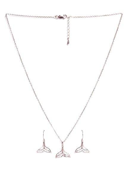 925 Sterling Silver Whale Tail Pendant Earrings Chain Necklace Jewellery Set | Rose Gold Plated, Swiss Zirconia |Gift for Women and Girls - Rajputtrade