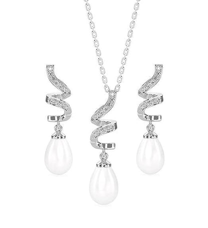 925 Sterling Silver Pearl Twist Pendant Earring Chain Jewellery Set | Rhodium Plated, Swiss Zirconia | Gift for Women & Girls - Rajputtrade