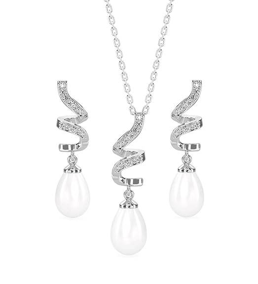 925 Sterling Silver Pearl Twist Pendant Earring Chain Jewellery Set | Rhodium Plated, Swiss Zirconia | Gift for Women & Girls - Rajputtrade