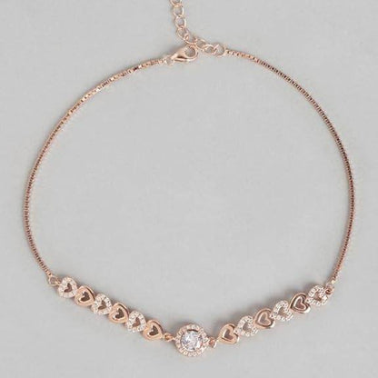925 Sterling Silver Cubic Zirconia Heart Rose Gold Plating Chain Anklet (Single) | Gift for Women & Girls | - Rajputtrade