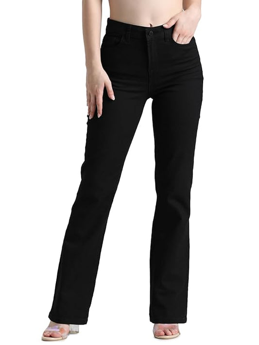 Women Solid Cotton Blend Flared Fit High Rise Black Jeans (Black) - Size 26 - Rajputtrade