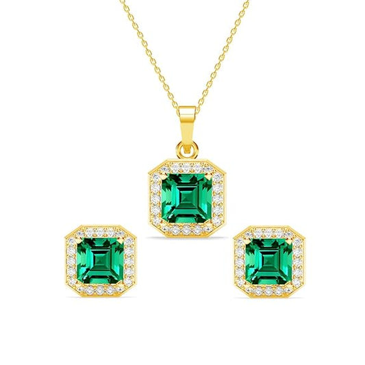 925 Sterling Silver Amati Green Solitaire Pendant Earrings Chain Necklace Jewellery Set | Gold Plated, Swiss Zirconia |Gift for Women and Girls