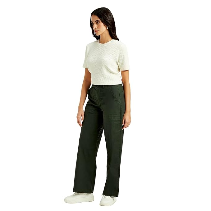 Women's High Rise Olive Straight Fit Trousers, Green (Size 34) - Rajputtrade