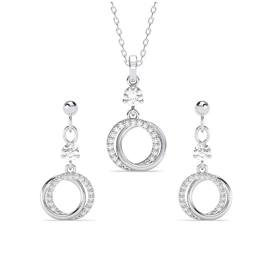 925 Sterling Silver Circle of Joy Pendant Earrings Chain Necklace Jewellery Set | Platinum Plated, Swiss Zirconia | Gift for Women and Girls