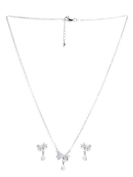 925 Sterling Silver Bow Knot Pendant Earrings Chain Necklace Jewellery Set | Platinum Plated, Swiss Zirconia | Classy Gift for Women and Girls - Rajputtrade