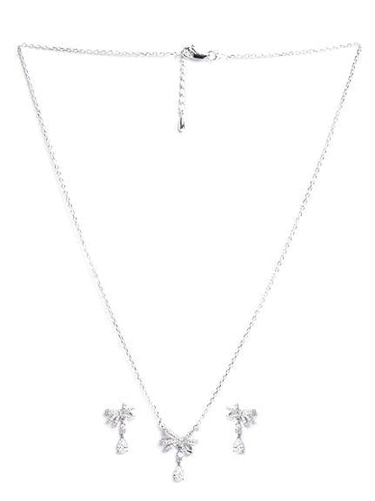 925 Sterling Silver Bow Knot Pendant Earrings Chain Necklace Jewellery Set | Platinum Plated, Swiss Zirconia | Classy Gift for Women and Girls - Rajputtrade