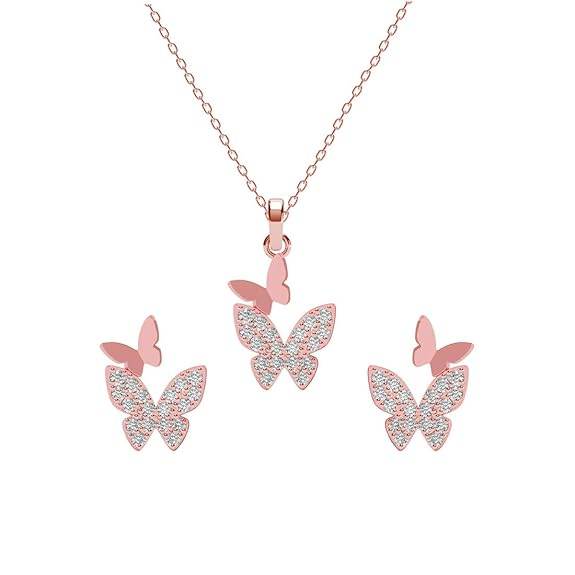 925 Sterling Silver Fairy Butterfly Pendant Earrings Chain Necklace Jewellery Set | Rose Gold Plated, Swiss Zirconia | Gift for Women and Girls - Rajputtrade