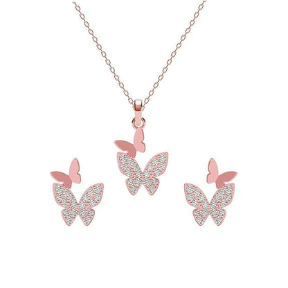 925 Sterling Silver Fairy Butterfly Pendant Earrings Chain Necklace Jewellery Set | Rose Gold Plated, Swiss Zirconia | Gift for Women and Girls - Rajputtrade