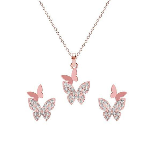 925 Sterling Silver Fairy Butterfly Pendant Earrings Chain Necklace Jewellery Set | Rose Gold Plated, Swiss Zirconia | Gift for Women and Girls - Rajputtrade