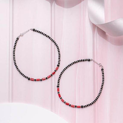 925 Sterling Silver Designer Black and Red Rhodium Plated Adjustable Beaded Anklet (Pair) | Gift for Women & Girls | - Rajputtrade