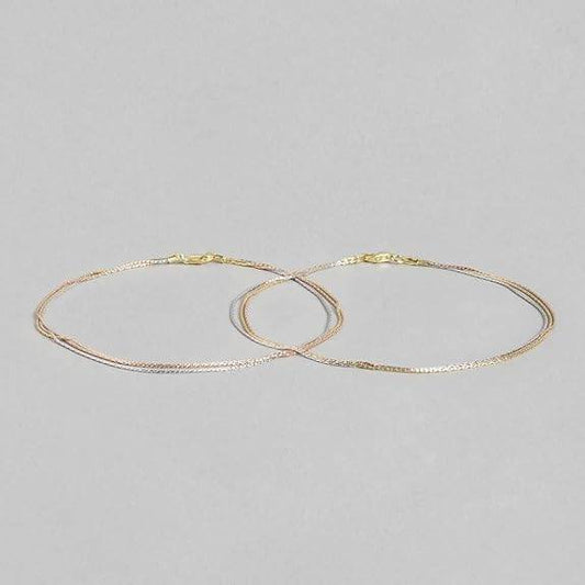 925 Sterling Silver Designer Triple Layered Rhodium, Gold & Rose Gold Plated Chain Anklet (Pair) | With Certificate of Authenticity & 925 Hallmark | Gift for Women & Girls - Rajputtrade