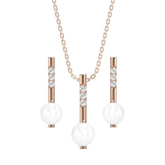 925 Sterling Silver Pearl Rose Pendant Earring Chain Jewellery Set | Rose Gold Rhodium Plated, Swiss Zirconia | Gift for Women & Girls - Rajputtrade
