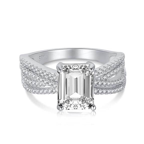 92.5 Sterling Silver Multi Band Emerald Cut Ring | Engagement Ring for Women, - Rajputtrade