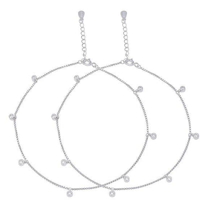 925 Sterling Silver Cubic Zirconia CZ Drop Adjustable Rhodium Plated Chain Anklet (Pair) | Gift for Women & Girls | - Rajputtrade