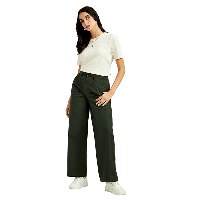 Women's High Rise Olive Straight Fit Trousers, Green (Size 34) - Rajputtrade
