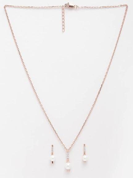 925 Sterling Silver Pearl Rose Pendant Earring Chain Jewellery Set | Rose Gold Rhodium Plated, Swiss Zirconia | Gift for Women & Girls - Rajputtrade