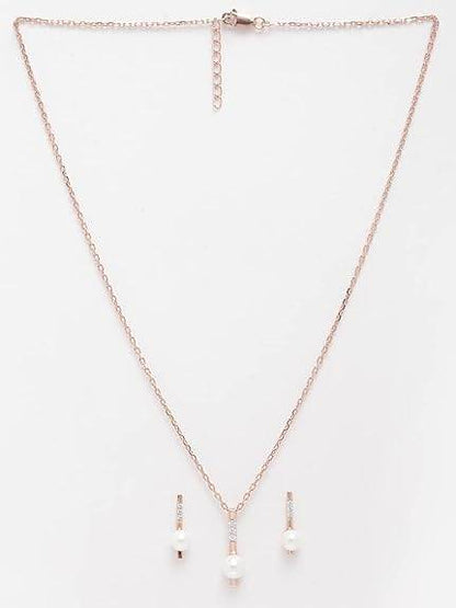 925 Sterling Silver Pearl Rose Pendant Earring Chain Jewellery Set | Rose Gold Rhodium Plated, Swiss Zirconia | Gift for Women & Girls - Rajputtrade