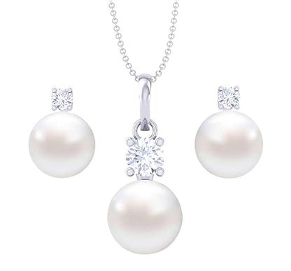 Sterling Silver and Pearl & Crystal Pendant Earrings Set With Chain for Women & Girls (White) - Rajputtrade